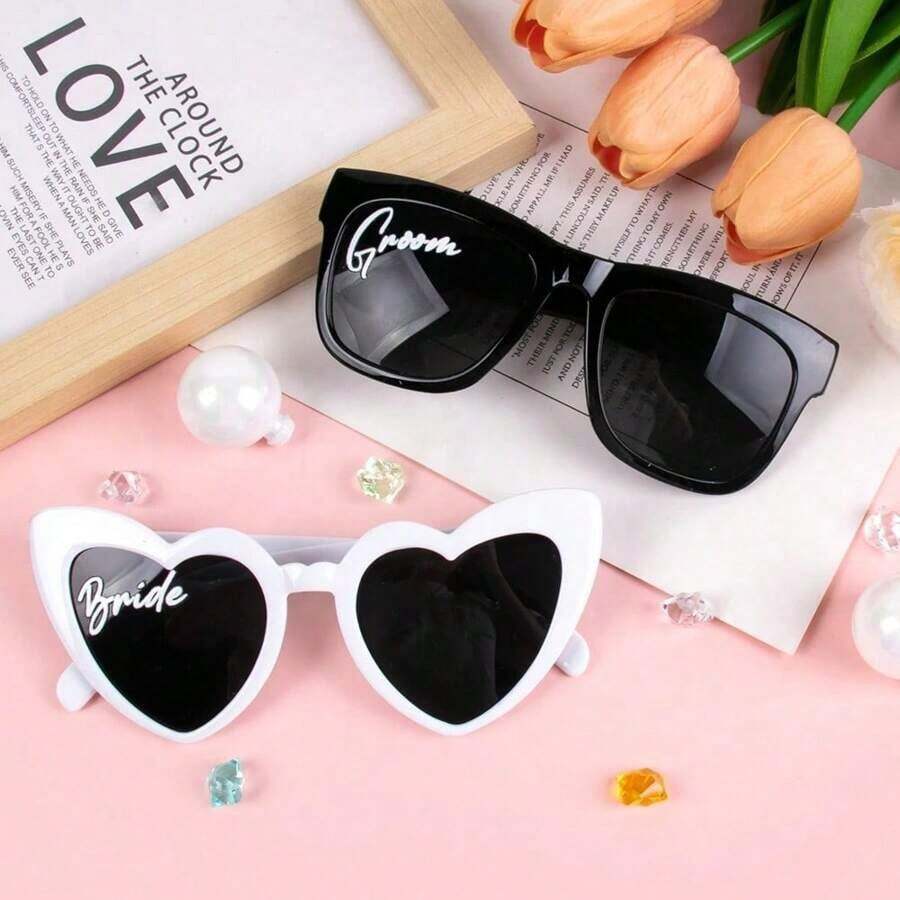 1/2pcs/Set Bride And Groom Sunglasses Wedding Decoration Black And White Heart Shaped Glasses Bachelor Party Supplies Bridal Shower Gift, Wedding Decoration, Photo Props - 彩色 - 查看 1