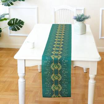 1pc Polyester Rectangular Printed Moon & Star Design Table Runner, Arabic Islamic Festival Dining Party Home Decor