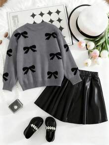 1件宽松舒适休闲户外时尚百搭韩版个性化针织长袖加厚保暖套头毛衣，带蝴蝶结元素，适合少女，春/秋/冬季穿着 - 灰色 - 查看 2