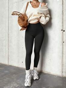 女士无缝紧身裤，适合健身、瑜伽、徒步、户外、休闲、普拉提、骑行，黑色春季款 - 黑色 - 查看 3