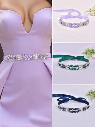 1pc Elegant Alluring Light Purple Sparkling Crystal Bridal Belt, Sturdy Satin Wedding Belt With Handmade Classic Faux Pearl & Diamond Decor, Luxurious Crystal Waist Belt For Wedding, Party, Formal Dress, Gift