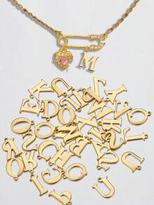 1件时尚安全别针，26个字母组成的爱心吊坠项链，不锈钢链，铜质吊坠镶嵌立方氧化锆，女士礼物，日常佩戴 - 款式5 - 查看 9