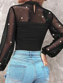 ChicMe 女士珍珠装饰高领透视网纱拼接褶皱灯笼袖T恤，露背修身纹理上衣，休闲办公街头风 - 黑色 - 查看 3