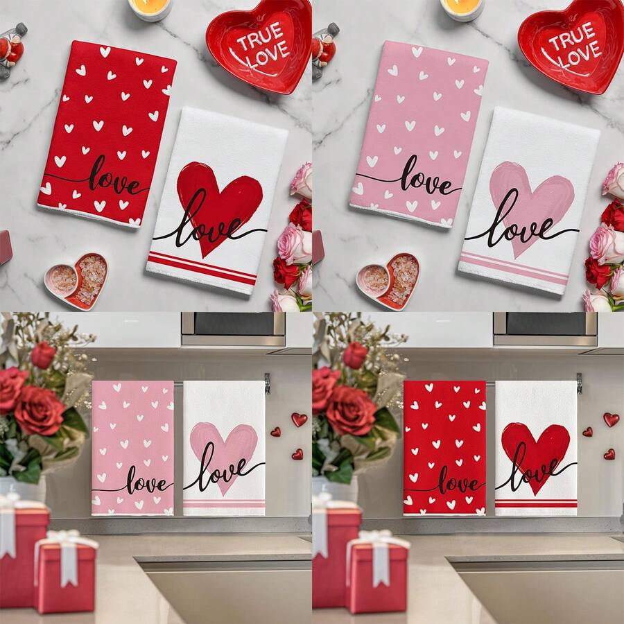 2/4 Packs Valentine's Day Gift Heart Pattern Red & Pink Rectangular Design Hand Towels, Wipes, Hand Towels For Valentine's Party, Bathroom, Table, Kitchen Decorative Hand Towels