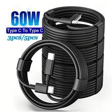 1/3/5条装 USB-C 转 Type-C 60W 快充线，100厘米/3.3英尺数据线，兼容 17/16/15 系列、S25/S24，黑色 - 黑色 - 查看 2