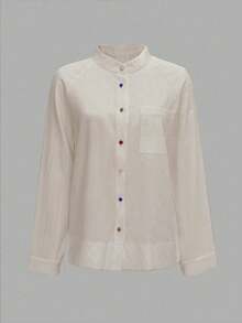 Camisa de mujer de unicolor con cuello abierto, manga raglán y botones de colores, para otoño y primavera - Amarillo claro - Ver 2