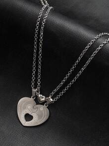 2件套时尚镂空心形字母不锈钢吊坠项链，可调节扣环，适合情侣日常佩戴，情人节送给男友/女友的礼物 - 銀色 - 查看 2