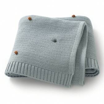 1pc Knitted Baby Blanket, Infant Swaddle Wrap, 3D Pom Pom Decor, All Season