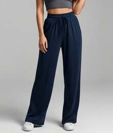 Wide Leg Pants With Flare Leg, Sophisticated Fit, Structured Style, High , Contemporary, Casual, Comfortable, Modern, Chic - 藏蓝色 - 查看 12