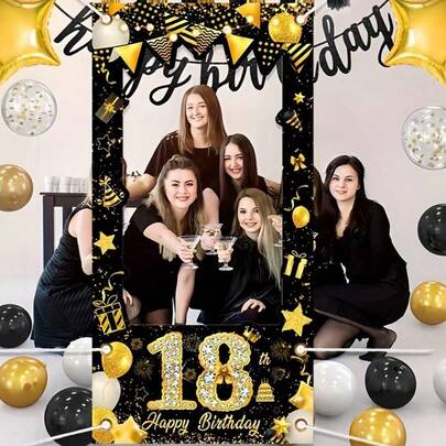 1pc Black & Gold Patterned "Happy Birthday" Theme Photo Frame Backdrop, Polyester Fabric Party Background, Suitable For 18/21/30/40/50/60/70/80 Birthday Decoration, Holiday Party Photo Prop, Indoor/Outdoor Backdrop, Party Photography Prop And Decor