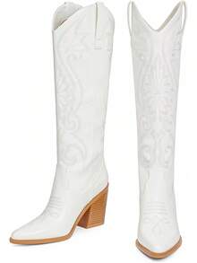 Modatope Cowgirl Boots Women Chunky Heel Knee High Cowboy Boots Embroidery Western Boots For WomenChristmas - A-black - View 7