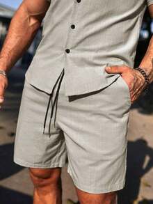 JMB Men's Simple Solid Color Short Sleeve Shirt And Shorts Set For Going Out - 淺灰色 - 查看 4