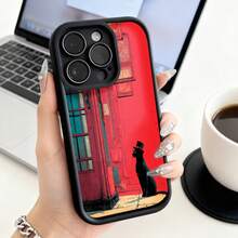 Cubierta de telefono para iPhone con borde negro diseño de gato con sombrero en fachada roja estilo urbano elegante para uso diario y trabajo - Burdeos - Ver 3