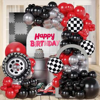 93 delar ballongbåge med racerbilstema, födelsedagsfest, röd, svart och silver ballonghjulsdekor, lämplig för barns födelsedagsfest med racerbilstema, svensexa, examensceremoni, tävlingslokal, festdekorationer