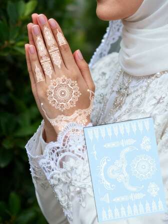 White Haina Hand-Painted Elegant Lace Lace With Mandala Pattern, Extremely Simple Style Tattoo Stickers For Bride Haina's Hands, Feet, Back, Body, Temporary Waterproof Fake Tattoo Stickers, 1 Piece Each