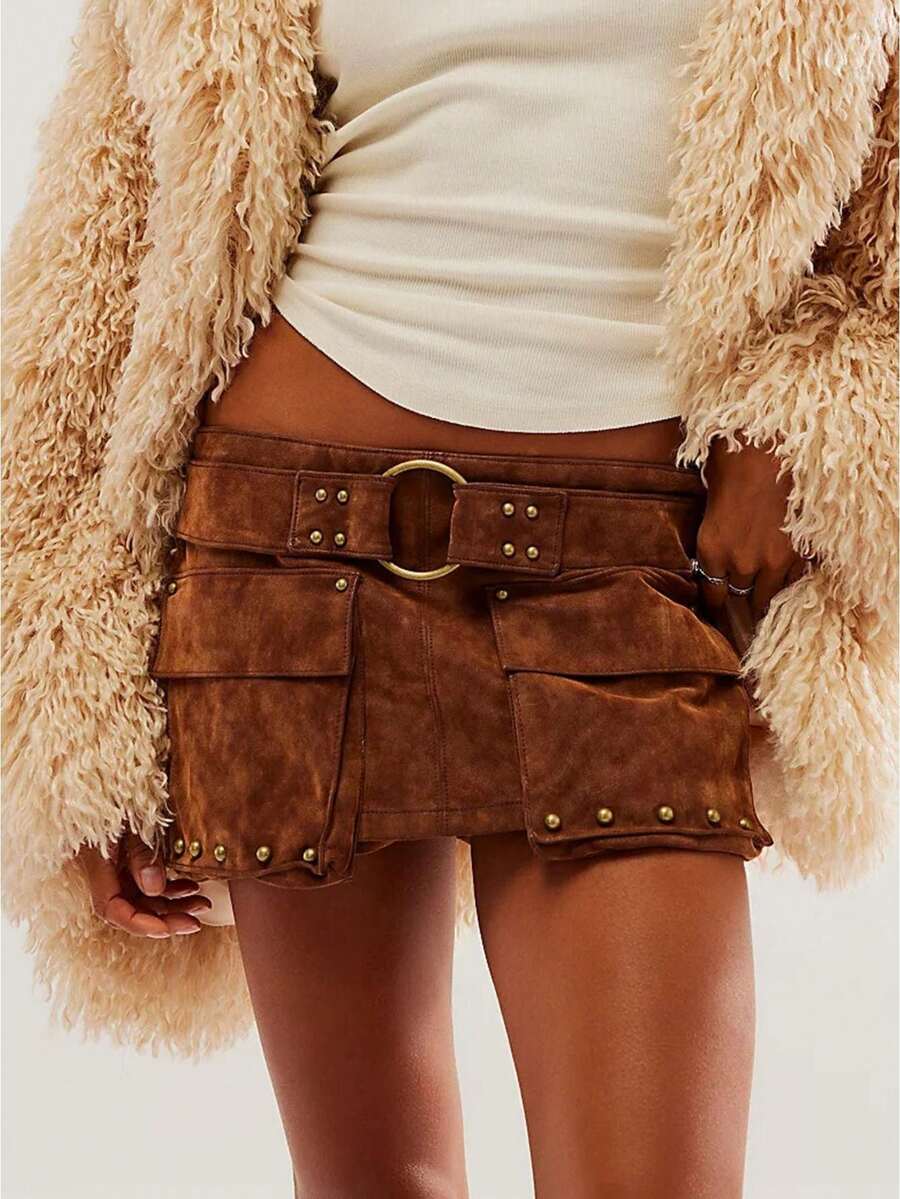 Womens Mini Cargo Skirt Suede Bodycon Low Waist Belted Rivet Y2K Short  Multi-Pocket Skirt Edgy Streetwear Daily Party Outfit - Màu xám đen - Xem 1