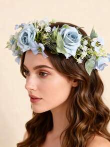 1 pieza Diadema de flores de estilo romántico, natural y de hada para novia, adecuada para playa, resort, fotografía, coronas y tocados, disfraz, guirnalda de pelo, accesorio de cabello, atuendo hawaiano para mujer, fiesta, festival, regalo, accesorio de cabello para mujer - Azul - Ver 7