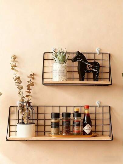 1PC Metal Spice Rack Wall Mounted Kitchen Storage Shelf Wooden Organizer With Hooks Space Saving Decorative Shelf For Spices Books And Home Decor