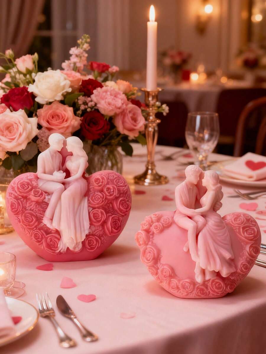 1 pieza Molde de silicona para pareja romántica (Abrazo de corazón + Rosas rojas/Estatua de beso) - Silicona flexible de alta calidad, fácil de hacer/limpiar/desmoldar | Para velas aromáticas, piedras difusoras, jabón, resina, arcilla y yeso | Perfecto para votos de boda, regalos de aniversario, Día de San Valentín y decoración de mesa para el hogar - Blanco - Ver 1