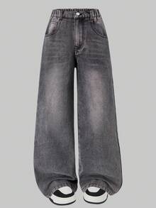 少女直筒弹力腰宽松休闲复古牛仔裤 - 灰色 - 查看 9