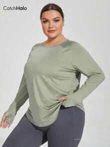 Plus Size Women Long Sleeve Loose Fit Athletic Top With Thumb Holes And Hollow Back Design, Suitable For Autumn, Winter, Gym Workout And Casual Wear Spring - Mint Green - View 12