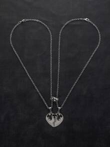 Colar com pingente de coração vazado e letra em aço inoxidável (2 peças), fecho ajustável, ideal para casais usarem no dia a dia, presente perfeito para namorado(a) no Dia dos Namorados. - Prata - Ver 4