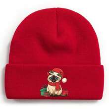 A Siamese Cat Wearing A Santa Hat And Scarf With Christmas PresentsWinter Beanie For Men Women Soft Warm Knit Hat Ski Stocking Cuffed Cap - Red - View 1