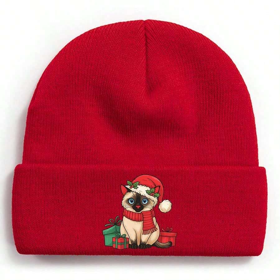 A Siamese Cat Wearing A Santa Hat And Scarf With Christmas PresentsWinter Beanie For Men Women Soft Warm Knit Hat Ski Stocking Cuffed Cap - Red - View 1