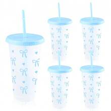 10pcs Pink Belt Bow Plastic Water Bottle With Straw And Lid, Reusable Plastic Cup, Cold Drink Cup, Iced Coffee Suitable For Home And Office Use, Decoration, Gifts, Birthdays, Parties, Holiday Cup, Summer Water Bottle, Vintage Drinking Water - 藍色 - 查看 14