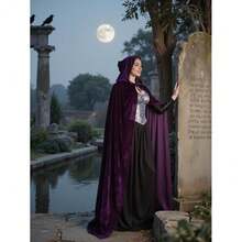 Unisex Adult Black Witch Cape Full Length Hooded Robe Cloak Halloween Dress Up Parties{"Color_name":"Purple-1"} - 紫色的 - 查看 4