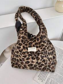 女士豹纹仿毛皮斜挎包，时尚毛绒单肩手提包，多功能大容量手提包，适合通勤，秋冬季 - 棕色 - 查看 2