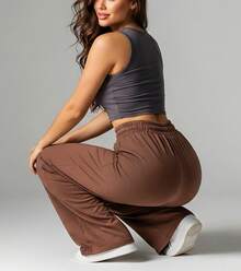 Wide Leg Pants With Flare Leg, Sophisticated Fit, Structured Style, High , Contemporary, Casual, Comfortable, Modern, Chic - 鏽棕色 - 查看 4