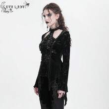 EVA LADY 一件哥特式天鹅绒蕾丝铆钉镂空立领上衣，适合哥特主题派对和艺术展览。 - 黑色 - 查看 5