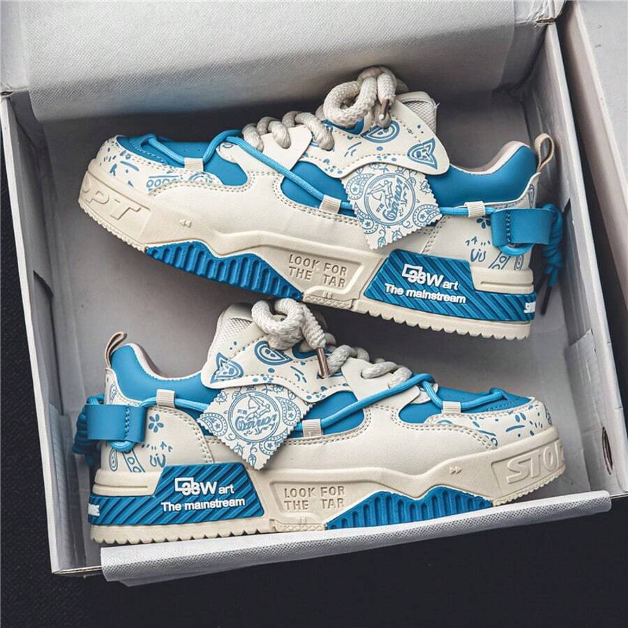 男士休閒運動鞋，新款時尚滑板鞋，男士運動鞋 - 白藍 - 查看 1