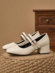 MonaNise 5厘米布面包跟女士时尚金属米色玛丽珍粗跟礼服鞋 - 米色 - 查看 5