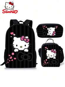 三件套三丽鸥Hello Kitty女士时尚背包套装，时尚休闲学生书包，轻便大容量，包含背包、斜挎包、铅笔盒，尼龙材质，适合通勤、旅行、上学、生日、节日、圣诞节等场合。 - 彩色 - 查看 2