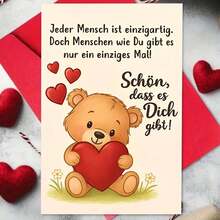 "Jeder Mensch Ist Einzigartig" German Adult Card - Teddy Bear & Heart Affectionate Design (Includes Envelope) - Multicolor - View 8