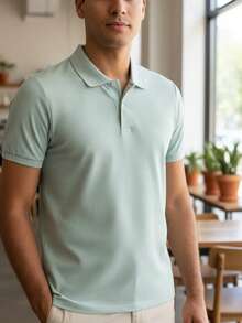 Ogochi Men's Basic Plain Polo Shirt With Logo, No Pocket, Original - 灰霧 - 查看 6