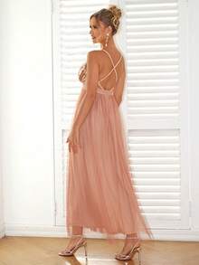 Women's Sequin Contrast Mesh Slip Dress Party Elegant - Champagne - View 4