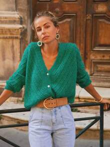 Chaqueta de punto de manga larga de unicolor, suéter, para otoño/invierno - Verde Oscuro - Ver 3