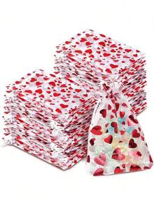 50 piezas Bolsas de malla con forma de corazón para el Día de San Valentín con cordón - Perfectas para joyería, cosméticos y obsequios del Día de San Valentín - Rojo - Ver 1