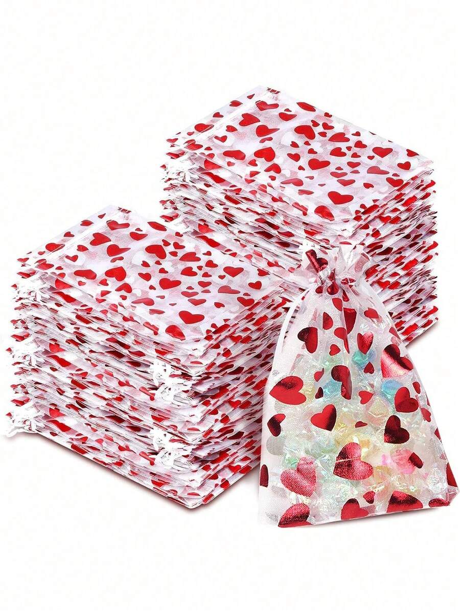 50 piezas Bolsas de malla con forma de corazón para el Día de San Valentín con cordón - Perfectas para joyería, cosméticos y obsequios del Día de San Valentín - Rojo - Ver 1