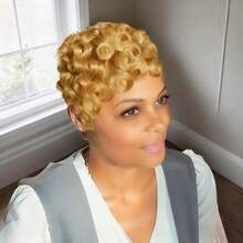 Parrucca corta riccioluta da donna stile pixie, in capelli umani, con frangia ondulata alla moda e a strati, parrucca frontale in pizzo completa - Multicolore - Visualizzare 9