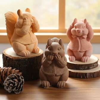 1个松鼠蜡烛模具，遮住嘴巴和眼睛以阻挡视觉和听觉，3D毛衣动物石膏小雕像硅胶模具