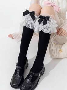 1 Pair Women's White Multi-Layer Lace Bow Calf Socks | Lolita Style Cute Sweet | Frilly Kawaii Design | Perfect For Lolita Fashion & Sweet Outfits - Multicolor - View 12