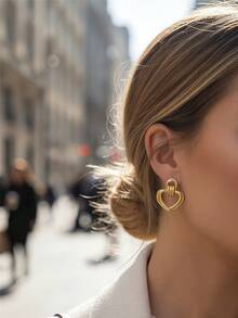 1pair Stainless Steel Retro Heart Shape Statement Earrings For Women, 316L Stainless Steel Earrings, Waterproof Earrings, Gift For Her - Gold - View 5