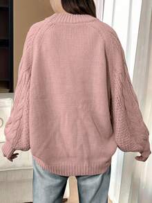 大码宽松休闲圆领长袖针织毛衣 - 粉色 - 查看 2
