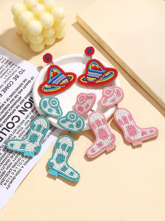 手工串珠彩色星球与牛仔靴造型耳环套装，复古西部风格独特设计耳环，个性化派对装扮必备创意耳环，多元素组合时尚手工耳环礼品