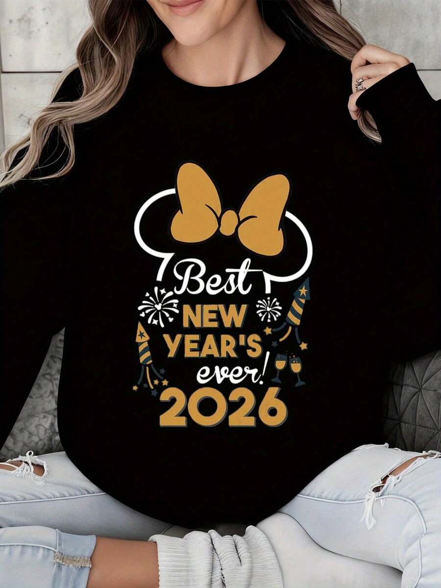 Plus Size Women's Long Sleeve Sweatshirt Gray Minnie Mouse Bow Best New Years Ever 2026 Party Celebration Design New Year Outfit - 黑色 - 查看 1