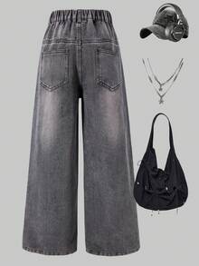 少女直筒弹力腰宽松休闲复古牛仔裤 - 灰色 - 查看 2